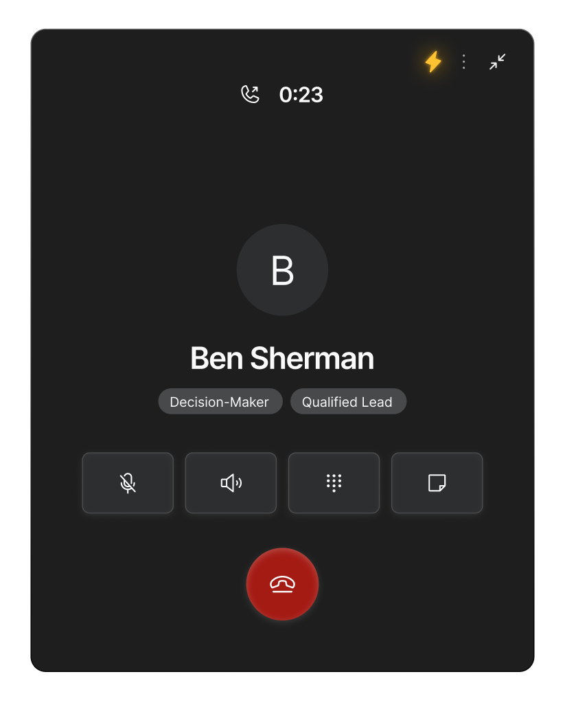 Mobile-style call interface showing an active call with a contact labeled 'Ben Sherman.' The screen displays his initial 'B' as the avatar, call duration at 23 seconds, and tags indicating 'Decision-Maker' and 'Qualified Lead,' along with mute, speaker, keypad, and message buttons, and a red hang-up button.